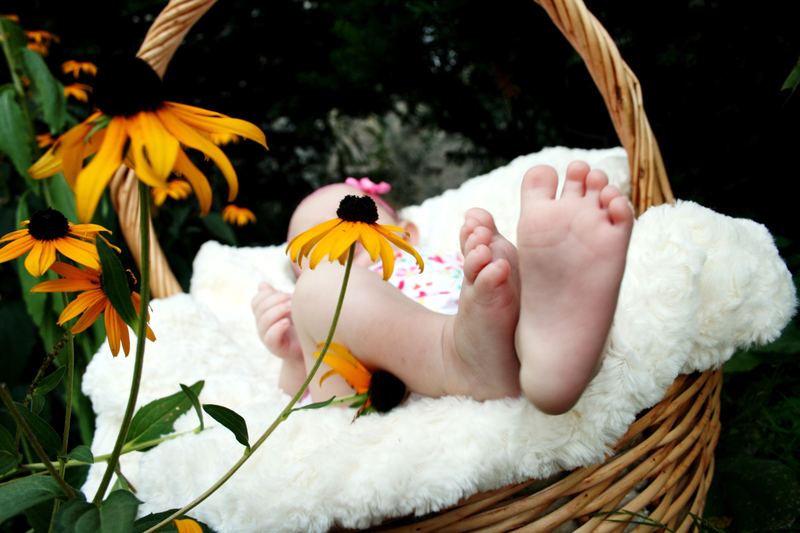 Babyvoetjes in een rieten mandje met bloemen